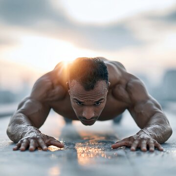 Athletic muscular man performing pushup on wet reflective ground at sunrise, shirtless and focused, with warm golden light, water droplets, strong posture, outdoor fitness scene
