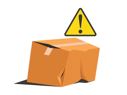 Package box damage, cardboard with warning sign