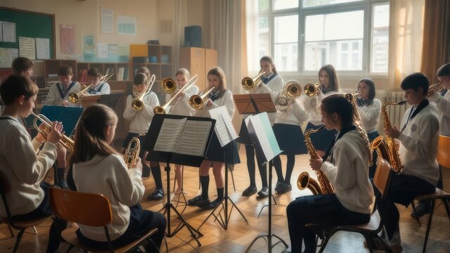 School band rehearsal in a classroom