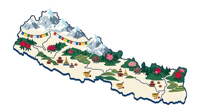 Illustrated Map of Nepal with Cultural and Geographical Landmarks