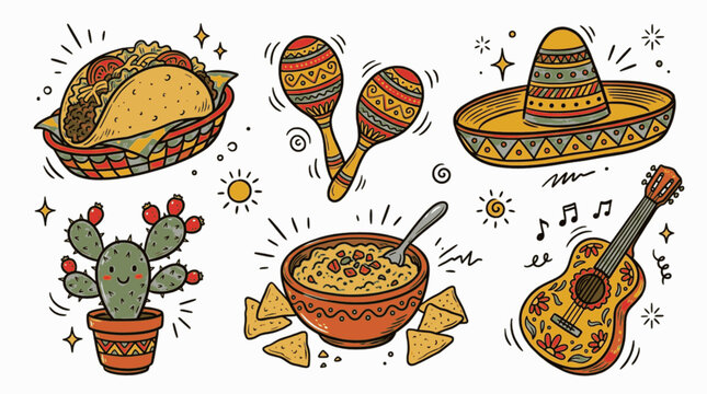 Isolated Mexico Fiesta Travel Tacos and Maracas Hand Drawn Doodle Set