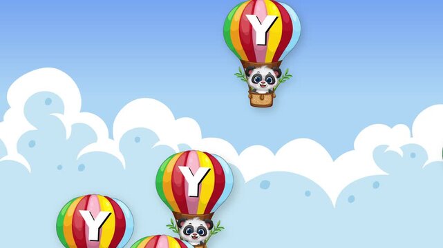 Animated Panda Characters Falling in Hot Air Balloons Against Blue Sky