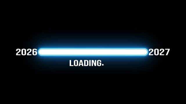 New year 2027 loading bar animation Year changing from 2026 to 2027. Animated neon loading bar from 2026 to 2027 new year transfer. Almost reaching New Year on black background.