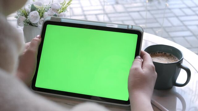 Hands hold tablet with green screen. Coffee cup and flowers sit nearby. Outdoor table setting, relaxed atmosphere. Ideal for digital marketing or app presentations