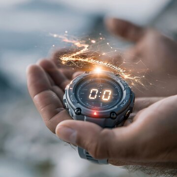 Digital sports watch held in palm with glowing timer and light trails during active training outdoors, with watch, sport, timer, hand detail, showing palm, display, digital, countdown context