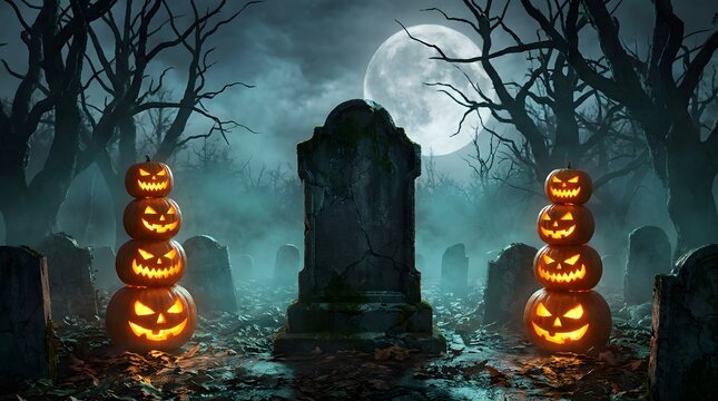 Spooky graveyard scene with glowing jack o lanterns under a full moon for a happy halloween celebration