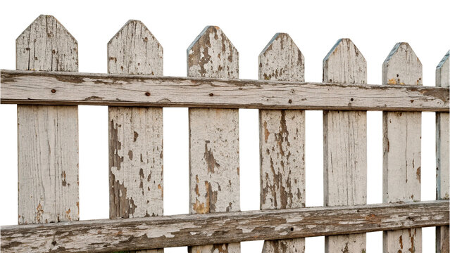 Old rustic weathered wooden picket fence panel garden border isolated on transparent background