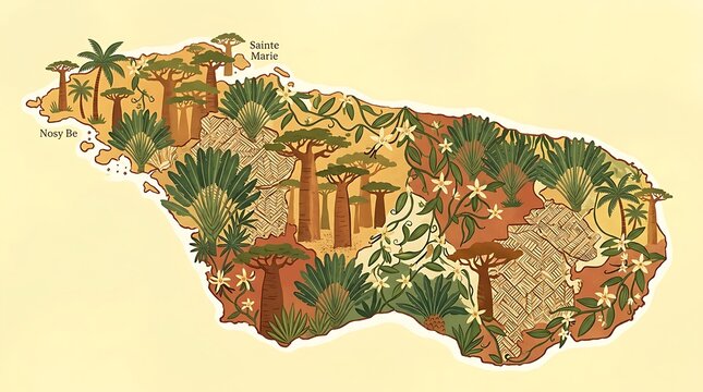 Illustrated Map of Madagascar with Baobab Trees and Tropical Flora