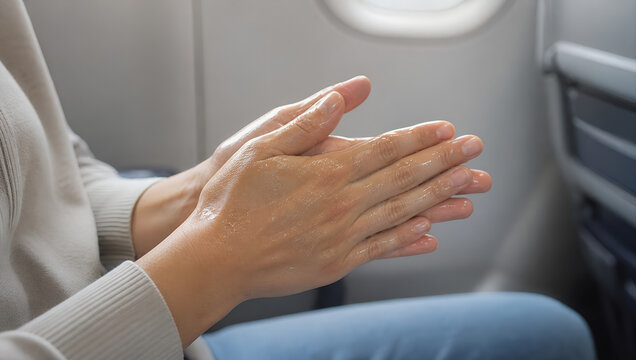 Hand rubbing clear liquid sanitizer for hygiene and protection on airplane