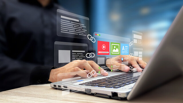 Website Link Building, Content Backlink Strategy, SEO Growth, Improved Rankings, Organic Traffic Boost, Digital Visibility Tactics. Website Page with Backlink Pages on a Laptop Virtual Screen