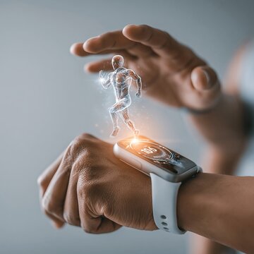 Smartwatch projecting glowing runner hologram above wrist during fitness tracking, with warm studio lighting, close view, and hands poised for interaction and workout control