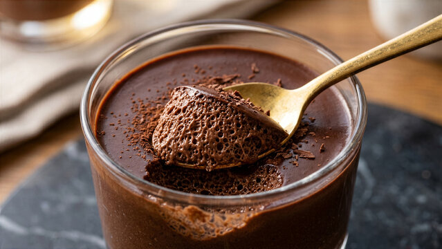 Gourmet chocolate mousse glass with golden spoon scooping portion revealing aerated air bubbles inside