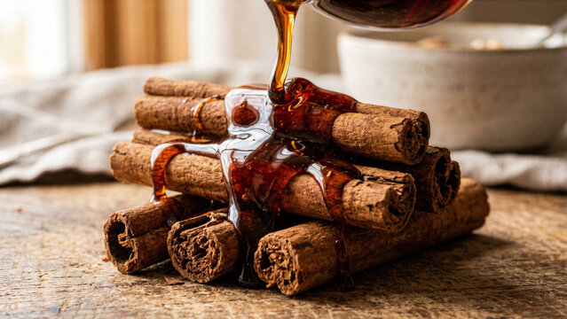 Viscous dark maple syrup pouring slowly over rough porous cinnamon sticks highlighting amber transparency