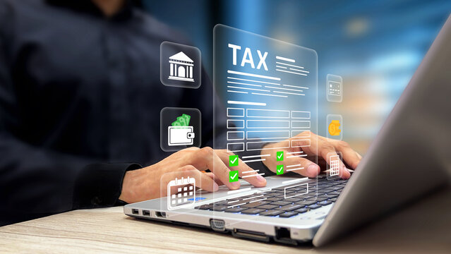 Online Tax Form, Digital Tax Return, Financial Compliance, Accounting. Businessman Filling Tax Form on Laptop Virtual Screen. Business Finance, Income Tax Preparation, Government e-Filing Concept