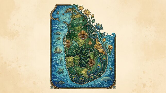 Stylized Illustrated Map of Sri Lanka with Cultural Motifs