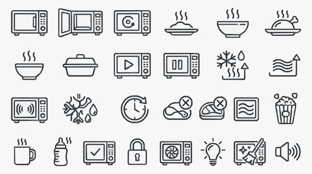 Professional Black and White Line Icons Set Featuring Microwaves Cooking Food Appliances and Functional Symbols for Design Use