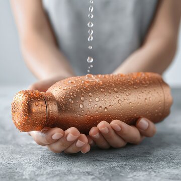 Hands holding copper water bottle under falling water droplets in soft studio light, showing textured metal surface, clean neutral background, and refreshing hydration scene