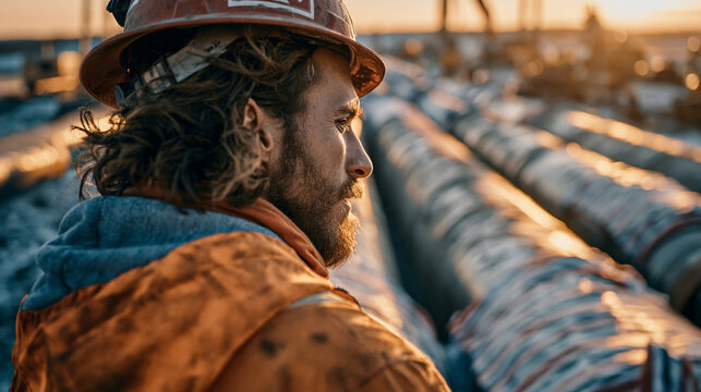 Side profile portrait of a rugged industrial pipeline construction worker wearing a safety hard hat and jacket, gazing across a row of massive pipes at golden hour.