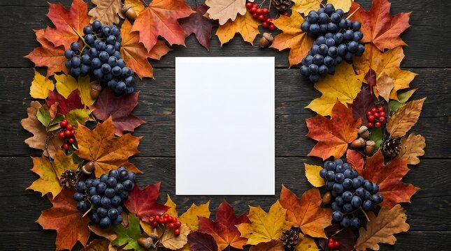 Blank white paper frame decorated with colorful autumn leaves and grapes for a happy halloween holiday greeting card
