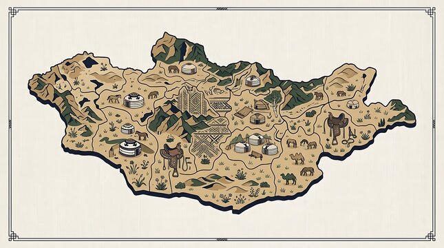 Illustrated Map of Mongolia with Traditional Yurts and Wildlife