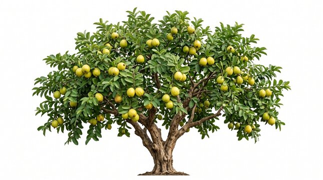 Single guava tree isolated on white background with ripe tropical fruits for botanical, agriculture, landscaping and food design projects