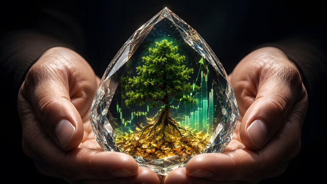 Hands holding a crystal teardrop containing a growing tree on gold coins with a green financial chart background