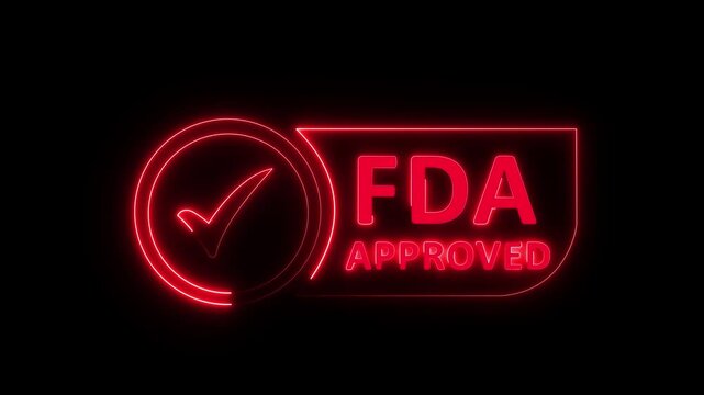 red neon FDA Approved icon Food and Drug Administration label. FDA Approved blue Check Mark icon. FDA Approval icon and Medical Research, Healthcare Regulation and Pharmaceutical Process