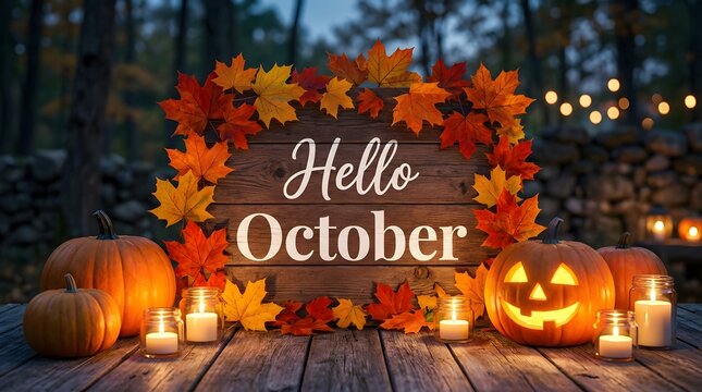 Rustic wooden sign with hello october text surrounded by autumn leaves and pumpkins for a happy halloween theme
