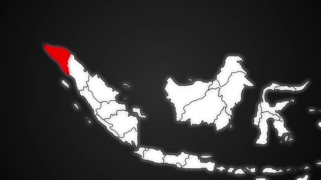 Aceh Province Highlighted in Red on Indonesia Map Dark Background Animation
