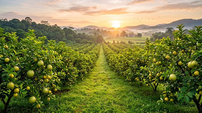 Guava orchard at sunrise with healthy fruit trees for tropical agriculture, sustainable farming, fresh produce and rural landscape concepts
