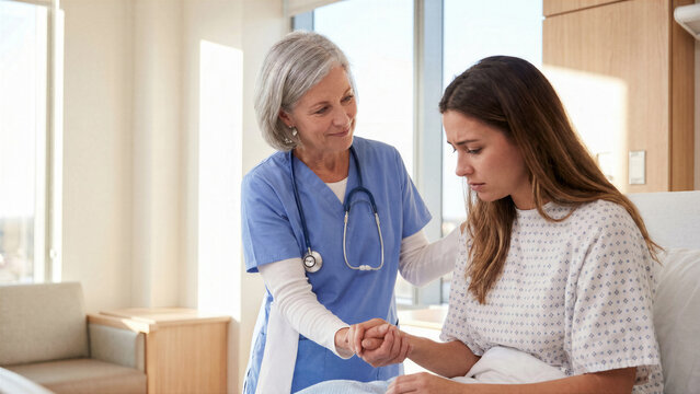 Compassionate mature female doctor reassuring anxious adult patient holding hand in hospital room photo