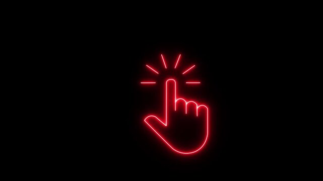 glowing neon hand mouse cursor icon on black background. hand cursor with click and accent. Mouse pointer hand click icon animation. Clicking finger icon with black background.