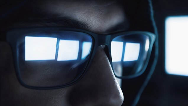 Cybersecurity hacker computer glasses reflection screen dark hood technology mysterious hacker wearing hood and glasses with computer screen