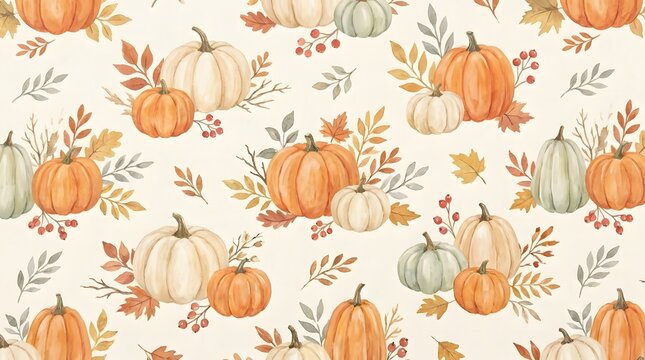 Seamless pattern with watercolor pumpkins and autumn leaves for a festive happy halloween background design