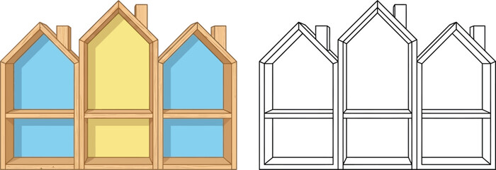 Wooden house shaped shelves vector set, scandinavian style nursery wall decor, minimalist timber dollhouse shelving unit for kids room interior © Safia