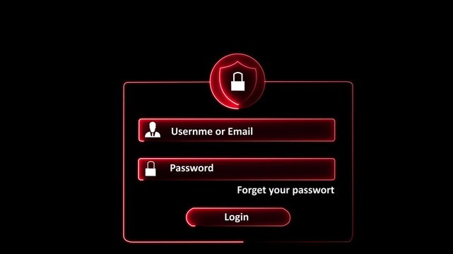 Neon blue glowing digital login form interface animation with username email input field and password box protected by secure padlock shield icon on dark black background for cyber security concept