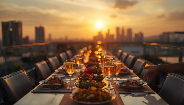 Elegant rooftop dining table setup at sunset overlooking city skyline with restaurant celebration hospitality nightlife atmosphere romantic catering lifestyle business gathering panorama