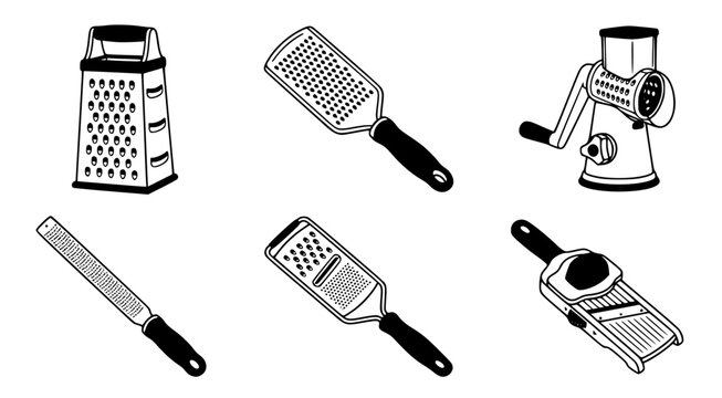 Professional kitchen grater collection featuring box graters and mandoline slicers in detailed vector illustration style for culinary equipment catalogs and cooking website design assets on white back