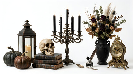 Gothic Halloween decor features a human skull, dark candles in a candelabra, old books, and a vintage clock, creating an eerie and dramatic still life. © AKL