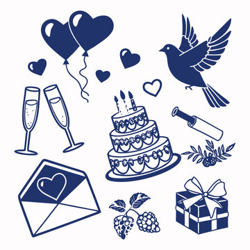Wedding celebration icons set in purple silhouette style