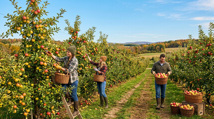 Obraz premium Apple harvesting in an orchard with people picking fruit from trees