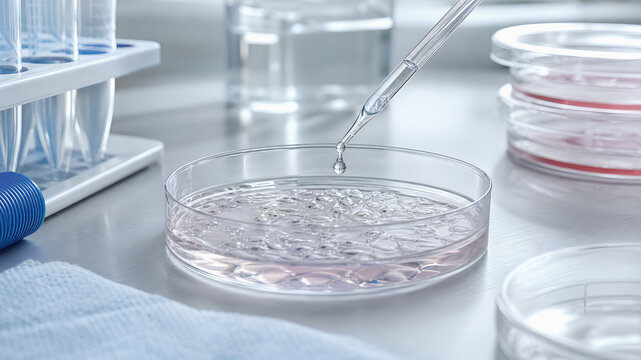 Laboratory petri dish pipette cell culture sterile research concept, soft clinical light, clean biotechnology environment