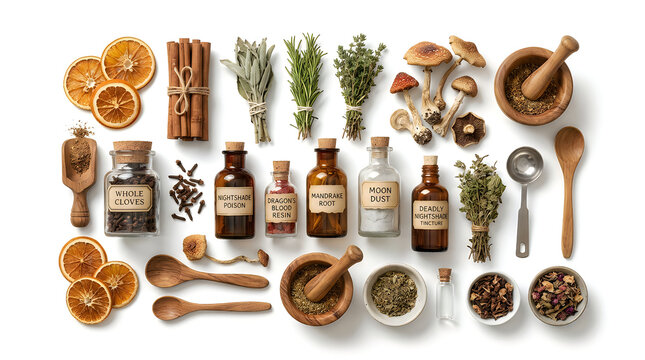 Assortment of dried herbs, spices, bottles, and natural ingredients are meticulously organized on a clean white surface, presenting a comprehensive collection for herbal remedies or cooking.