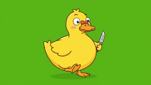 Funny Yellow Duck Walking with Knife Action on Green Screen. 4K Video