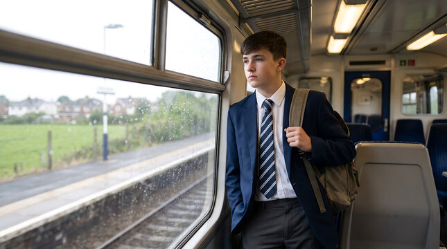Student's life journey back to school, looking out train window. For advertising, news, ample copy space.
