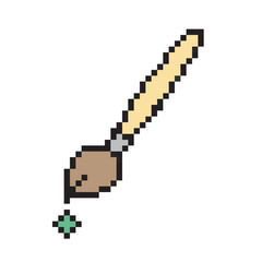 Fototapeta premium Retro 8-bit pixel art vector icon of a paintbrush with a green drip, representing school stationery, art education, and video game creative design.