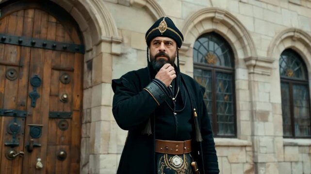 A man in traditional clothing stands in front of the building, while a man in ancient costume thinks