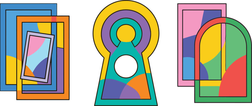 Abstract geometric window and keyhole vector set, colorful modern architectural frames, vibrant minimalist portal shapes for creative design