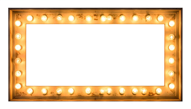 Retro rectangular illuminated marquee sign frame with clear white copy space and warm light bulbs