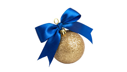 Golden christmas ball ornament with blue ribbon bow isolated on transparent background for holiday © Hanna